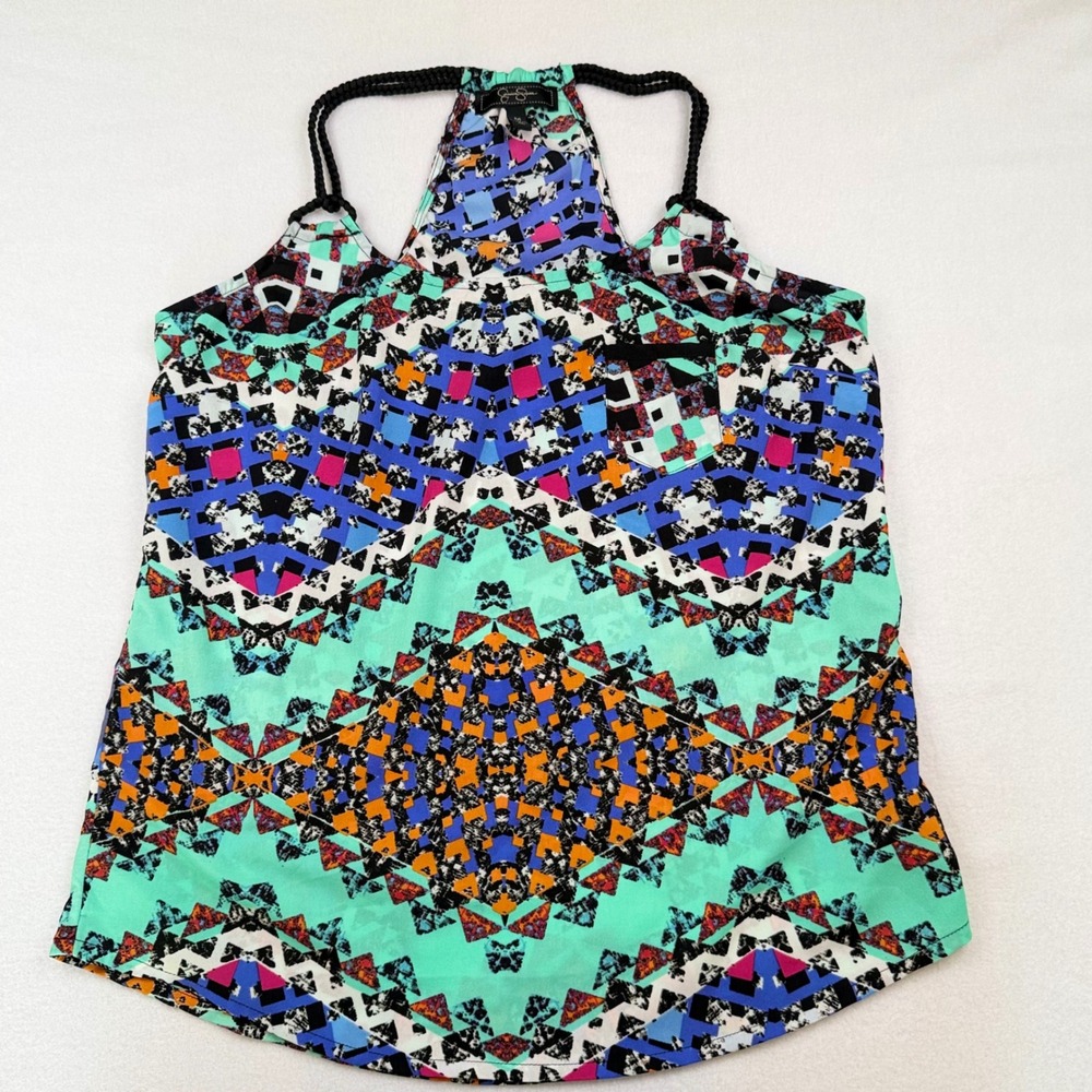 Jessica Simpson Geometric Kaleidoscope Braided Racerback Tank Top Mint Blue M